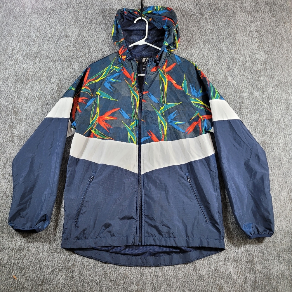 Rusell Windbreaker Jacket Tropical Desing Navy Blue White Colorful Vtg Mens M